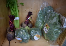 Organic, thus packaged: beet bushels and pointed cabbage with their outer leaves, at Proexport from Spain's stand.