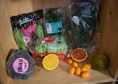  Guiver Fruits displayed a combination of purple broccoli, Bimi, kale snack lettuce, and citrus.