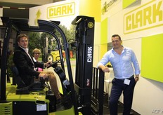 Besides the Empack, a logistics fair was also being held. Deceuninck Hendrik bvba is an exclusive distributor of Clark. These fork-lift trucks will celebrate their 100-year anniversary next year. Pictured are Machime Nameche, Kathleen Descheemaeker and Kurt Calebout.