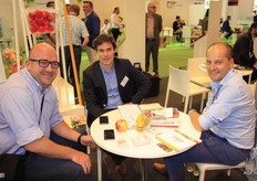 Import meets export. Importer Xavier Brutyn, left, in conversation with the gentlemen of Calsa: Peter Denys and Piet Verbrugghe.