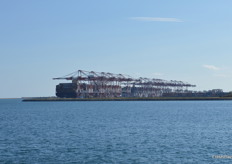 There are 27 blocks each with two cranes, which operated automatically except for the very last stage which is done by a stevedore in the office. The stacks are 52 containers high, nine containers wide and five high. The quay area is 1.5km long and accounts for 80 hectares.