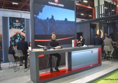 Orgun Gogen welcomes everybody at the Turkish Cargo stand.