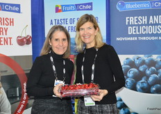 Allison Myers and Karen Brux with Fresh Fruits from Chile proudly show the first Chilean cherries of the season that came in by air. The first vessel will depart Chile on December 8 and arrive in Philadelphia on the 20th.