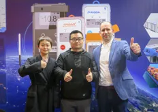 The international sales team at DEWAV IOT, promoting its Frigga brand of cold chain data monitoring solutions. In the middle is Paddy Pan, CEO and founder, and to the right is Gonzalo Robles Lama, international business developer from Chile.