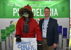 The temperature at the Philadelphia Wholesale Produce Market is consistently held at 50°F. Mark Smith, General Manager of the market smiles for a photo with Chilly Philly.