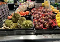 A delicious display of more exotic items including fresh Durian, pomegranate and mangosteen.