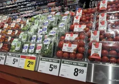 Produce housed in clamshells–from Roma tomatoes to tomatillos–were set up for grab-and-go shoppers.