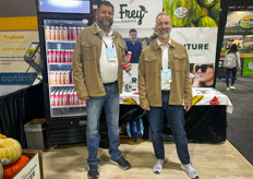 Jim Fuller and Derek Sledge hand out samples of Frey Farms’ juices.