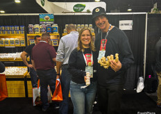 Garlic and ginger were hot topics at I Love Produce’s booth. Pictured are Samantha Snyder and Jim Provost.