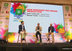 Liam O'Callaghan (FruitNet), Azhar Tambuwala (Sahyadri Farms), and Mayank Tandon (DeHaat-Freshtrop) discuss new variety cultivation in grapes, citrus, pomegranate, and broccoli.