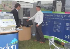 Julian Gruzelier talks to a client at the Eden Irrigation Consultancy stand.