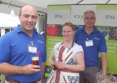 Enjoying a Pimms at the Certis stand, Alan Horgan Heidi Liechti and Morley Benson.