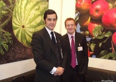 Cristian Lopez from ProChile chats to Mathieu Leveque at the Keelings stand.