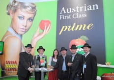 Typically Austrian dressed team promote the Eva apple.