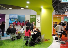 The Interfel booth have a place to sit and relax.