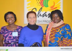 At the Ghana Pavilion led by Marjorie Abdin, Vice President (middle) of FAGE with Jennifer Addai, Credit and Project Officer (right) and Nancy Esi Doffoe (left)