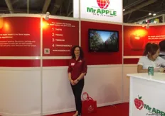 Karen Morrish at the Mr Apple stand. Mr Apple is one of the largest apple exporters in New Zealand.