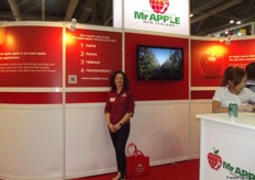 Karen Morrish at the Mr Apple stand. Mr Apple is one of the largest apple exporters in New Zealand.