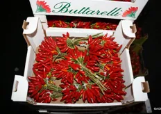 The bunches of Bella Frutta peppers. They are marketed under the brand Buttarelli.