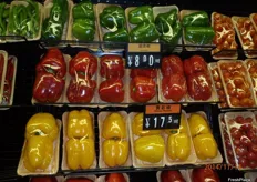 Green, red and yellow peppers, big difference in price. Green are just 1 Euro for two while the red are 2.30 Euro.