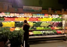 Wall with greenhouse vegetables. This large Whole Food is located in the basement of a shopping mall with all sorts of exclusive shops on Columbus Circle in New York City. That’s across from Central Park.