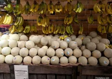 Private label bananas, and below them Cantaloupe melons for 3.99 each