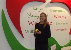 Agniesika Zawadzka looking very cheerful at the MazaFruit stand.