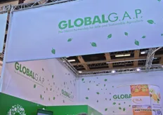 The booth of GLOBALG.A.P c/o FoodPlus GmbH. GlobalG.A.P sets voluntary standards for the certification of agricultural products around the globe.