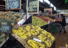 Bananas, usually used as a loss-leader in a prominent spot by the entrance, are scarce at the moment. They are twice the normal price so the display is small.