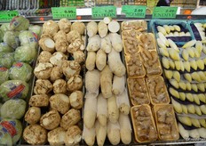 Different root vegetables. Celery roots and daikon from the US. Ginger sourced from China.