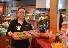 Different kinds of freshly squeezed fruit and vegetable juices available for the customer to taste.