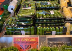 Package of 8 mini cucumbers, on special for CAD 3.99.