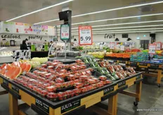The fruit and veg is well displayed in a simple layout.