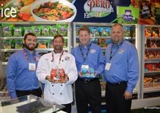 John Mirusso, Scott Seddon, Shannon Curry and BJ McCormick with Pero Family Farms. Scott and Shannon show snack rings and snack snips with a yogurt-based ranch dressing.