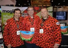 Happy faces at the Maglio booth. Joseph Delgadillo, Paul Schulz and Richard Butera show the award-winning ReadyRipe Watermelon Pouch.