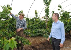The cherries are grown under the watchful eye of Peter Foster, who got involved with cherries at a the tender age of 5 when he picked them with his mother. He is pictured here with Jon and the Skeena variety.