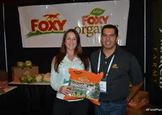 Kristin Shafer and Vince Mier with Foxy Produce showing their new product Broccoleaf. Broccoleaf are the outer leaves of the broccoli plant.