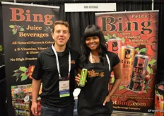 Drew Jacobson and Aziza Washington with Bing Beverage, showing Bing Crisp (combination of apple and cherry juice) that came out this month. It's the company's 4th juice variety.
