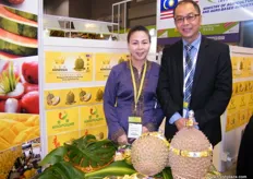Albert Tan, Director of Agnessia Best Fruits Trading (Malaysia) with a colleague. The durians are highly sorted Musang King, are grown from the best and well maintained farms along the foothills of the mountainous Titiwangsa Range