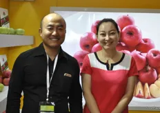 Jing Shangbin from Shaanxi Huasheng has joined Bonny Wang at her stand of Long Yuanhong Fruits Selling Co., Ltd. The company produces apples and exports to a number of countries in Southeast Asia including India, Thailand and Indonesia.