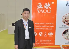 Chris Wang of Chengde Yaou Nuts & Seeds Co., Ltd. The company exports apricot kernels to many countries in Europa and Asia. Yaou stands for 'Asia and Europe' together.