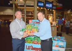Pete Douglas and Brian Evans from Stemilt showing Lil Snappers apples.