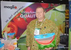 Richard Butera with Maglio Companies, showing the pouch bag with seedless watermelon.