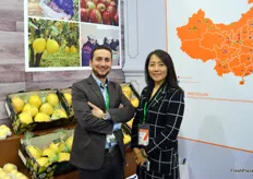 Martin Salge, the associate director of Glorytimes together with Gai Wei, sales manager of MAF RODA China at the booth of the Xing Ye Yuan Group. Glorytimes is the import and export branch of the Xing Ye Yuan Group. Xing Ye Yuan has recently launched a new export fruit brand under the name Cybele