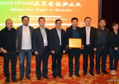 The team that has organised the iFresh Expo 2015 with one of price winners of the '10 Most Popular Fruit Brands in Eastern China' Award. From left to right, Jia Xiao, Zhao Yechao, Cai Qifeng, Lu Fongxiao, Guo Jianggang, Zhu Yongli, Shi Xiaofeng and Christine Tsai. Christine is the organiser and founder of iFresh