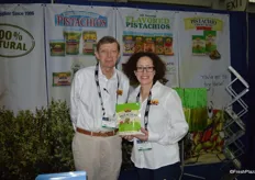 Sheldon Cole and Elise Silvester with Setton Farms showing a new product: pistachio chewy bites.