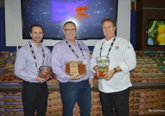 Peppe Bonfiglio, Dean Taylor and Scott Pickup with Sunset. Peppe shows the new Tomato of York, a high flavored beefsteak tomato. Dean holds new Flavor Bombs, a cherry on the vine tomato and Scott shows the Minzano, which is a mini San Marzano in jar bag.