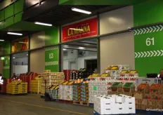 A display of fruit and vegetables at La Manna Bananas (Stores 63, 65, 67 and 69), and part of the display at Granieris Fresh Produce (Store 61).