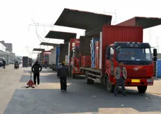 Trucks unloading at the Huizhan Import and Export Wholesale Market.