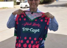 Brian Berkman shows off his Pink Lady cycling shirt.